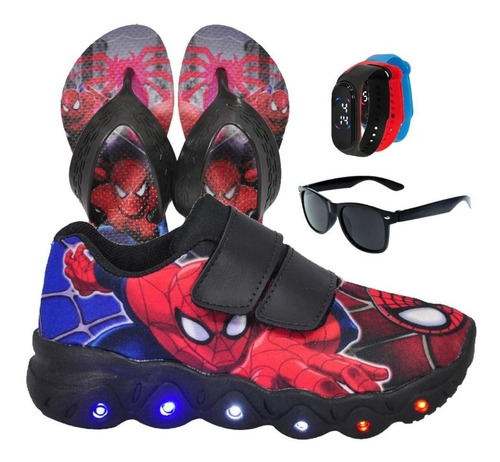 Tênis Led Infantil Homem Aranha + Chinelo + Óculos + Relógio