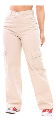 Calça Jeans Feminina Wed Leg Cargo Bolso Lateral Premium