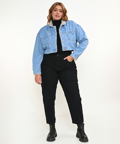 Jaqueta Feminina Jeans Plus Size Cropped Com Pelo Forrada