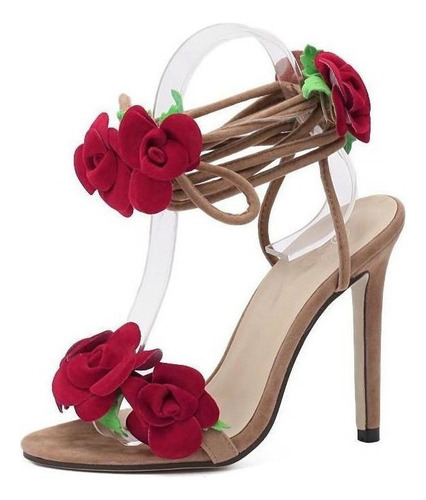 Sapato Amarração Com Rosas Vermelha De Salto Alto