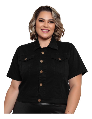 Jaquetinha Cropped Manga Curta Jeans Feminina Plus Size