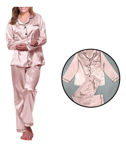 Pijama Mujer Seda Satén Camisa Pantalón Suave Elegante Moda 