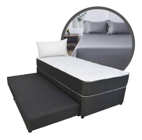 Conjunto Somier Doble Dual Bed 90x190 Sabanas Almohada Visco Color Negro