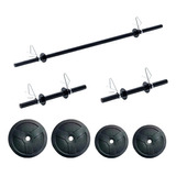 Barra + 2 Mancuernas + 15kg Discos Negros Lisos Pvc Rellenos