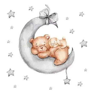 Sticker Pegatina De Pared Luna, Oso Y Conejo Moño Para Niños
