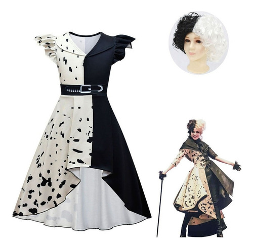 Vestido Cosplay Cruella Halloween Meninas 2 Peças Com Peruca