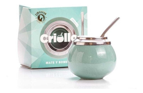 Mate Ceramica Bombilla Criollo Acero Verde Pastel  Trendy