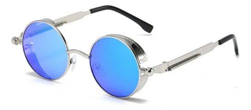  Gafas Lente Azul Marco Plateado Retro Redondas Steampunk