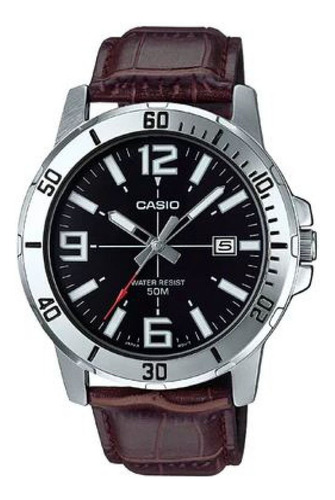 Reloj De Pulsera Casio Dress Mtp-vd01sg1-b De Cuerpo Color Plateado, Analógico, Para Hombre, Fondo Negro, Con Correa De Cuero Color Marrón, Agujas Color Gris, Blanco Y Rojo, Dial Blanco Y Plateado, Mi