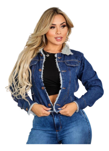 Jaqueta Jeans Feminina Grossa Forrada Pelinho Pelo Pele Luxo