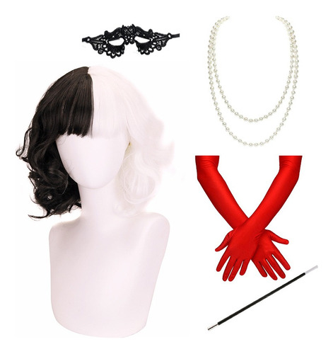 Peruca Cosplay Cruella De Vil Metade Branca Metade Preta, 5