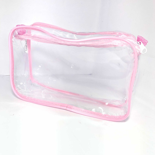 Kit Com 3 Necessaire Transparente 23x15 Rosa Preta Azul Gelo