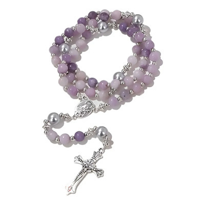 Rosario Católico Piedra Natural Purpurita Collar Cruz Virgen Color Lila | Meses sin interés