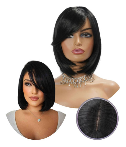 Peruca 100% Orgânica Corte Long Bob Curta 40cm Com Franja Linda + Touca Wig Cap Brinde