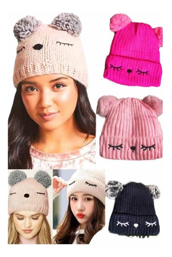 Gorro Lana Dos Pompones Mujer/niña Bordado Kawaii Colores