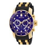 Reloj De Pulsera Invicta Pro Diver 6983 De Cuerpo Color Oro, Analógico, Para Hombre, Fondo Azul, Con Correa De Silicona Color Oro Y Negro, Agujas Color Dorado, Dial Azul, Subesferas Color Dorado, Minu