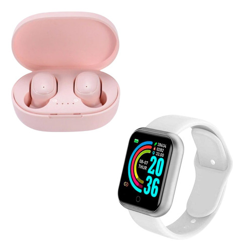 Combo Smartwatch D20 Y68 + Auricular Inalambrico A6s Rosa
