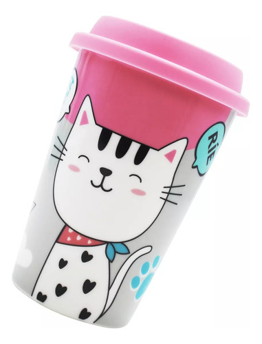 Vaso Termo Para Café Con Tapa Porcelana Diseño Gato 400ml Color Gato Tapa Rosa