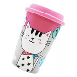 Vaso Termo Para Café Con Tapa Porcelana Diseño Gato 400ml Color Gato Tapa Rosa