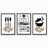 Kit 3 Quadros Panela E Talheres Cozinha Branco 20x30 Gourmet