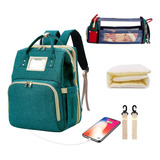 Bolso Pañalera Con Cambiador De Bebe Plegable + Usb Color Verde