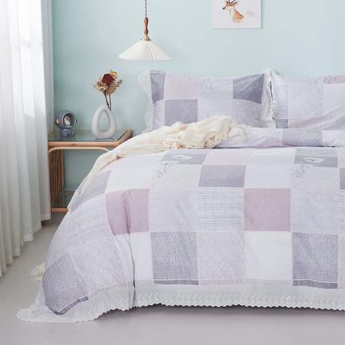 Vintage Modern Alo Plaid Ruffle Juegos De Cama  3 Pieza...