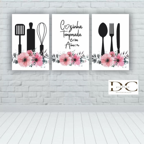 Quadros Decorativos 3 Pçs 20x30 Cozinha Temperada Com Amor