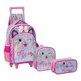  Kit Mochila Rodinhas Infantil Meninas Gatinho Metalizada