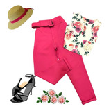 Conjunto Cropped, Calça E Cinto Rosa