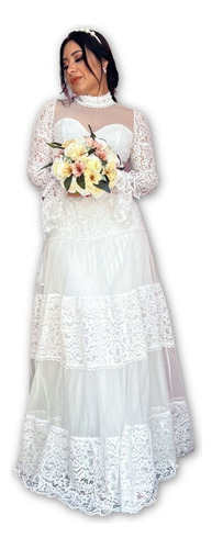 Vestido Longo Doce Maria Sydney Branco Renda Para Noivas