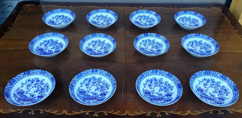12 Platos Hondos Porcelana Tsuji Old Blue Vajilla Antigua