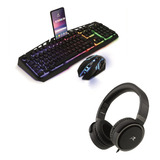 Set De Teclado Y Mouse Gamer Alambrico + Audifonos Over Ear