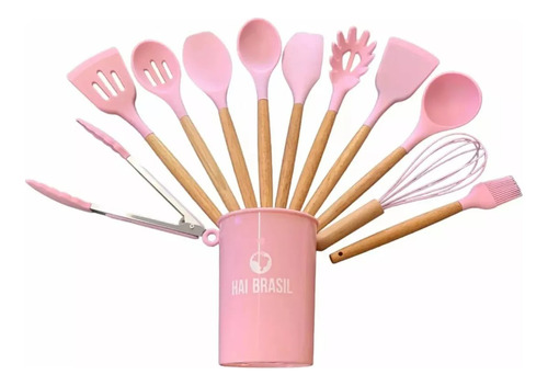 Kit Talheres 12 Peças De Cozinha Silicone Cabo Em Madeira