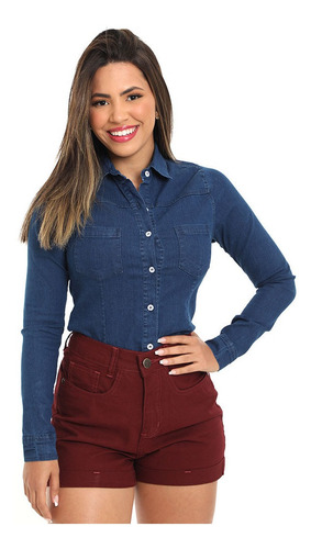 Camisa Jeans Feminina Manga Longa Slim Com Lycra Bamborra