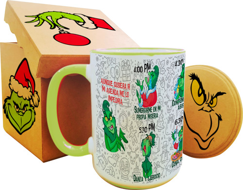 * Taza Grande 15 Oz El Grinch + Caja Y Portatazas De Lujo *