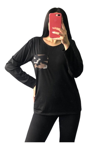 Remera Manga Larga Mujer Modal Con Lycra Bolsillo  (pijama)