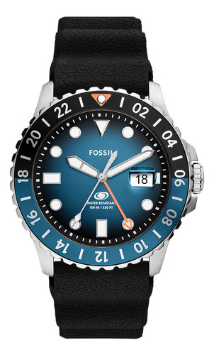 Reloj Hombre Fossil Fs6049 Blue Correa Color Negro Bisel Plateado Fondo Azul