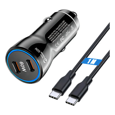 Cargador De Auto Cargador Tipo C 60w Doble Puerto Rápida Pd 30w Compatible Con iPhone 16\u002F15 Samsung Galaxy S25\u002F24\u002F23\u002F22 Con Tipo C 1m Cable Negro | MercadoLibre