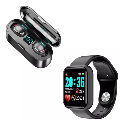 Combo Smartwatch D20 Y68 + Auricular F9 Touch Negro
