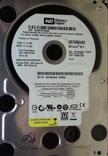 Western Digital Wd7500aaks-00rba0 750gb - 950 Recuperodatos