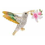 Prendedor  Broche Colibrí Colores Strass Brillantes Con Flor