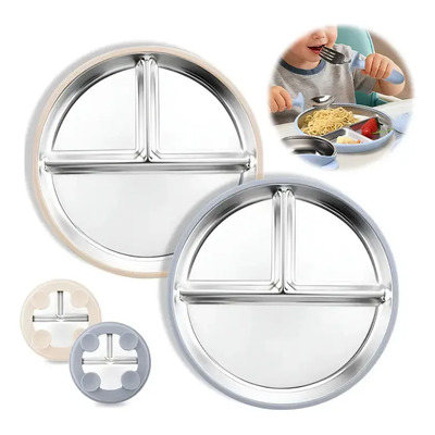 Kinichplay Plato Infantil De Acero Inoxidable Con Succión, Plato Dividido De 8 , Con Funda De Silicona Removible, Sin Tóxicos Ni Bpa, Antideslizante Y Resistente, Set De 2 Piezas (marfil Y Gris) | MercadoLibre