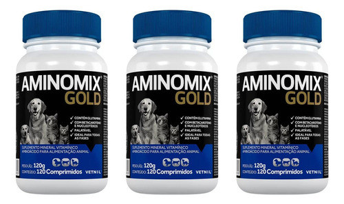 Aminomix Gold 120 Comp Suplemento Cães Gatos - Vetnil - 3x