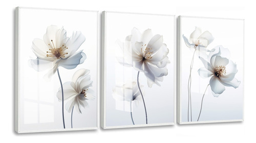 Quadros Decorativos Flores Brancas Tons Claros Moldura Vidro