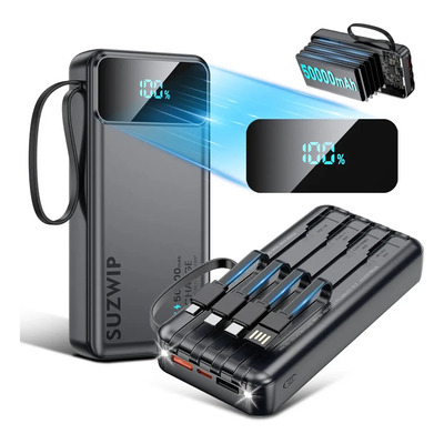 Power Bank 50000mah Batería Portátil Carga Rapida Suzwip Con 4 Cables Intergrados Micro Usb,tipo-c,usb Y Para IP 6 Salidas Y 2 Entradas Batería Recargable Incluye Luz Incorporada Pantalla Digital Led | Envío gratis