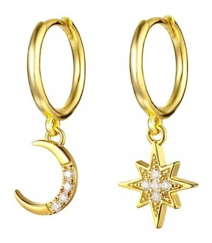 Aros Colgante Luna Estrella Plata Esterlina 925 Baño Oro