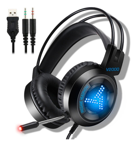 Audífonos Diadema Gamer V2000 Con Micrófono Y Luz Led 3.5mm