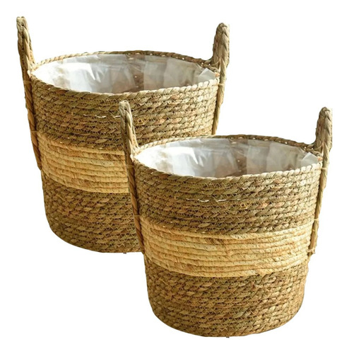 2 Vasos Rattan Cachepot Vime Boho Chic Decoração Rustico Cor Palha Trama