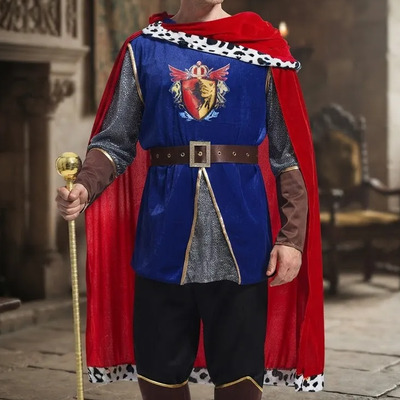 Disfraz Rey Medieval Hombre Adulto Cosplay Traje Completo Corona Capa Roja Camisa Azul Cinturon Pantalon Botas Halloween Real Carnaval Fiesta Tematica