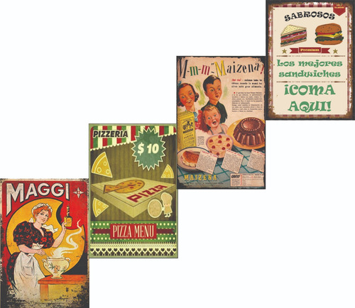 Carteles Decorativos  Kit 4 Chapas Litografias Antiguas Vintage 30x20 No Es Vinilo